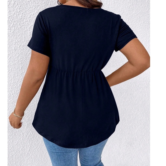 Plus Navy Blue Eyelash lace V neck Short Sleeve Top - Picture 3 of 3